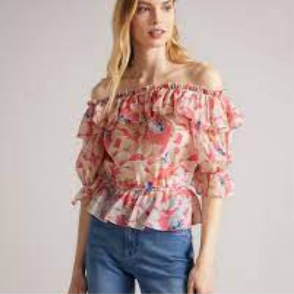 Ted Baker  Harina off the shoulder Blouse with Ruffled 3/4 Sleeves.